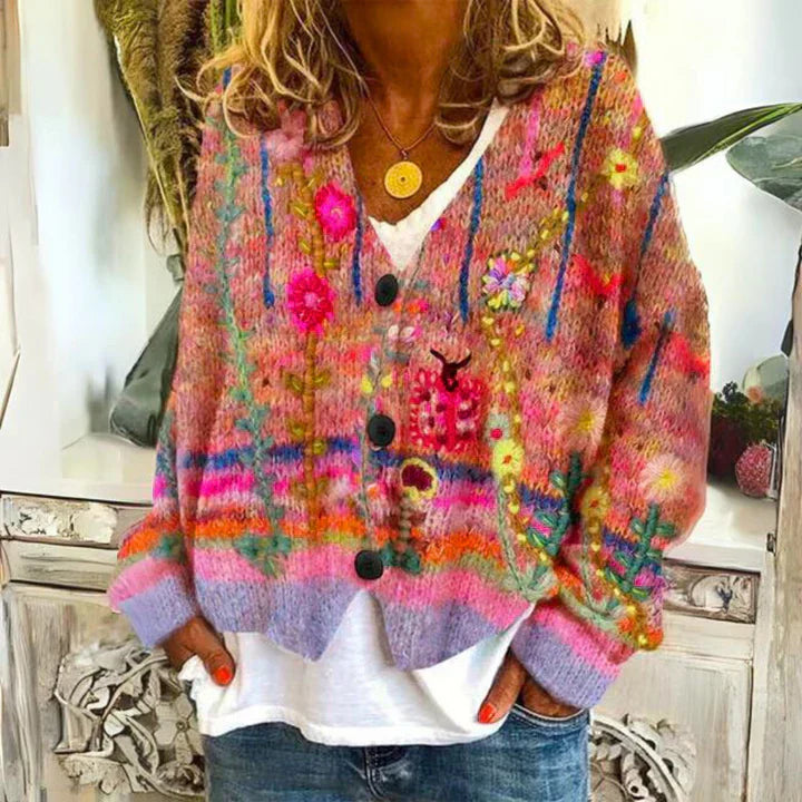 Amira Damen Strickjacke | Blumenmuster, Warm und Bequem 2