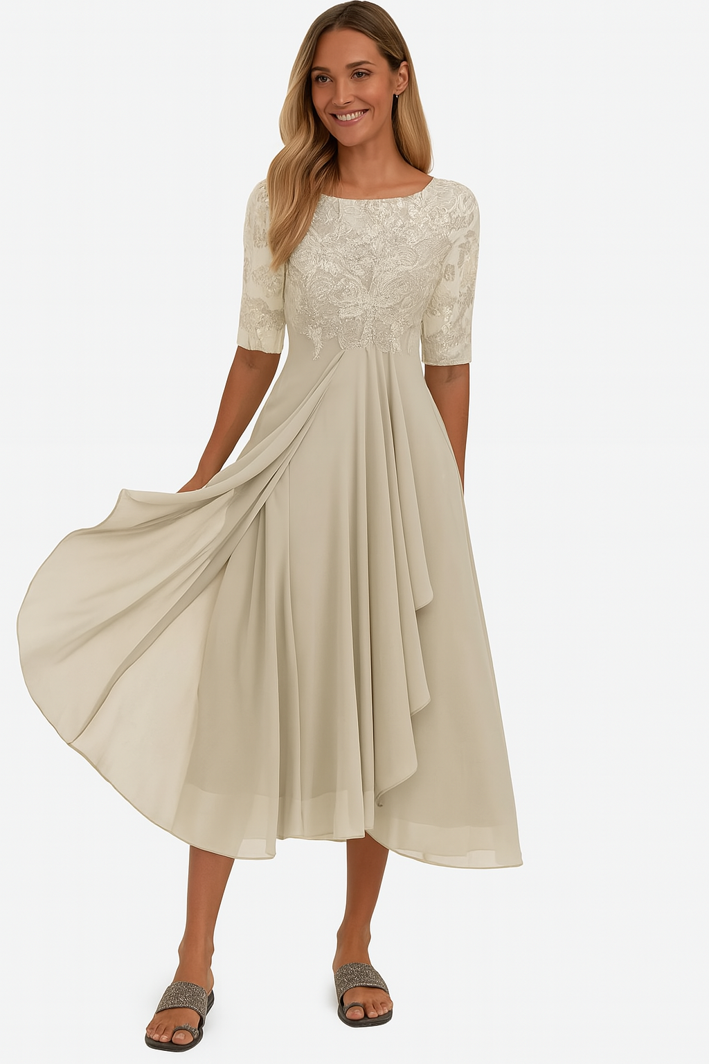 Elara Damen Midi Kleid | Leichter Chiffon mit Spitzenapplikationen für Hochzeitsgäste und Abendveranstaltungen 0
