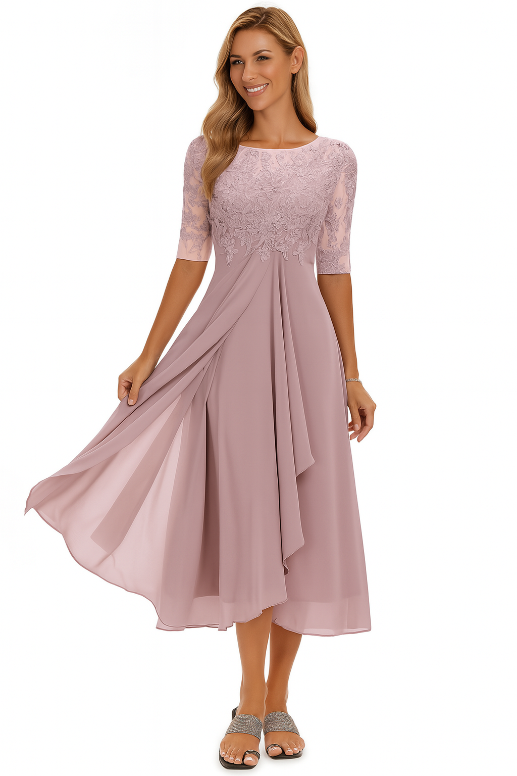 Elara Damen Midi Kleid | Leichter Chiffon mit Spitzenapplikationen für Hochzeitsgäste und Abendveranstaltungen 1