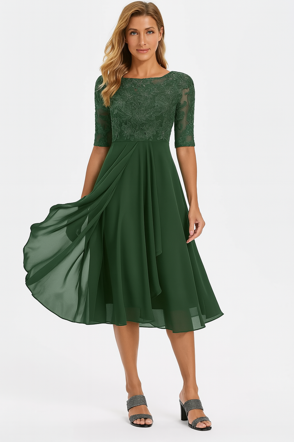 Elara Damen Midi Kleid | Leichter Chiffon mit Spitzenapplikationen für Hochzeitsgäste und Abendveranstaltungen 2