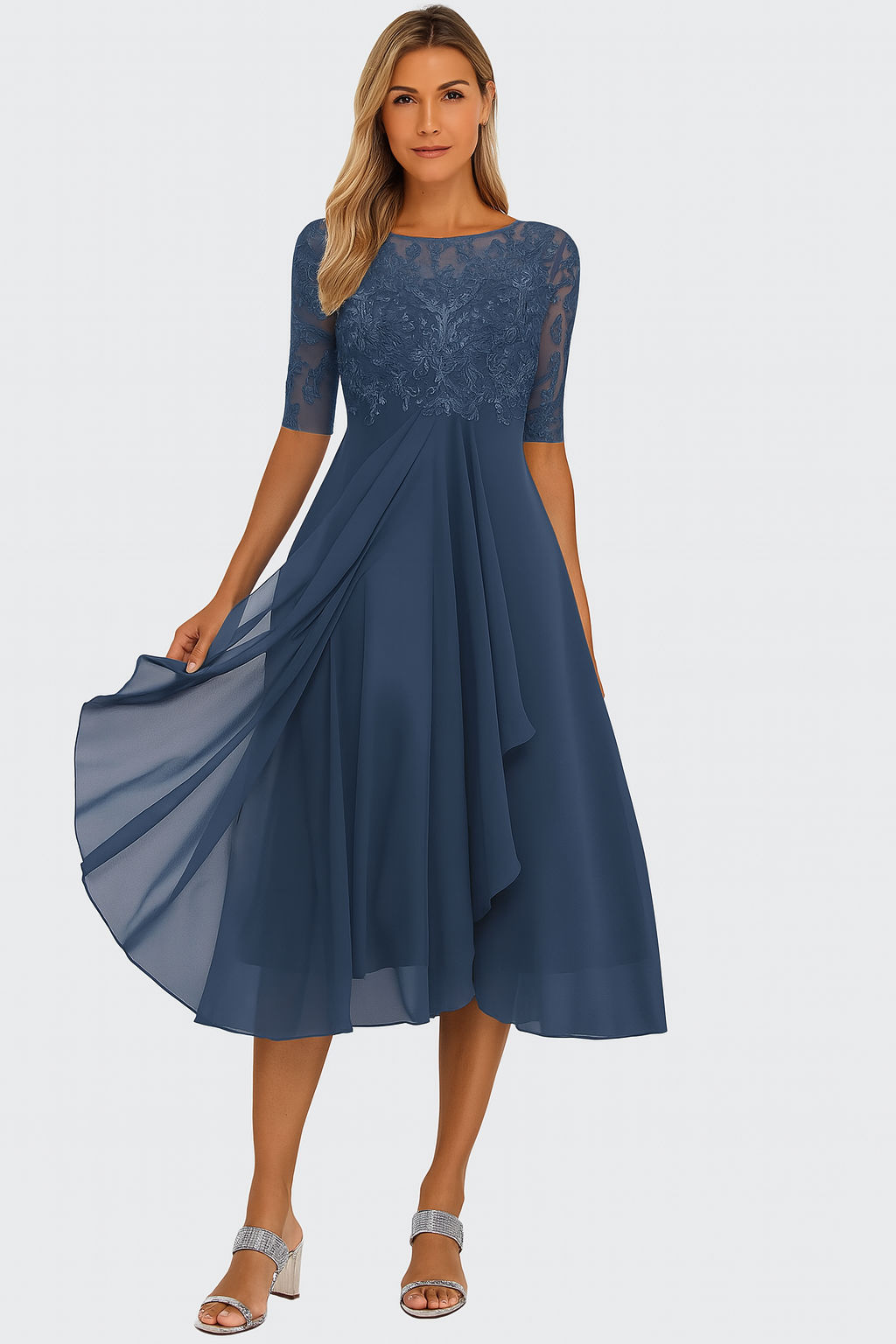 Elara Damen Midi Kleid | Leichter Chiffon mit Spitzenapplikationen für Hochzeitsgäste und Abendveranstaltungen 3