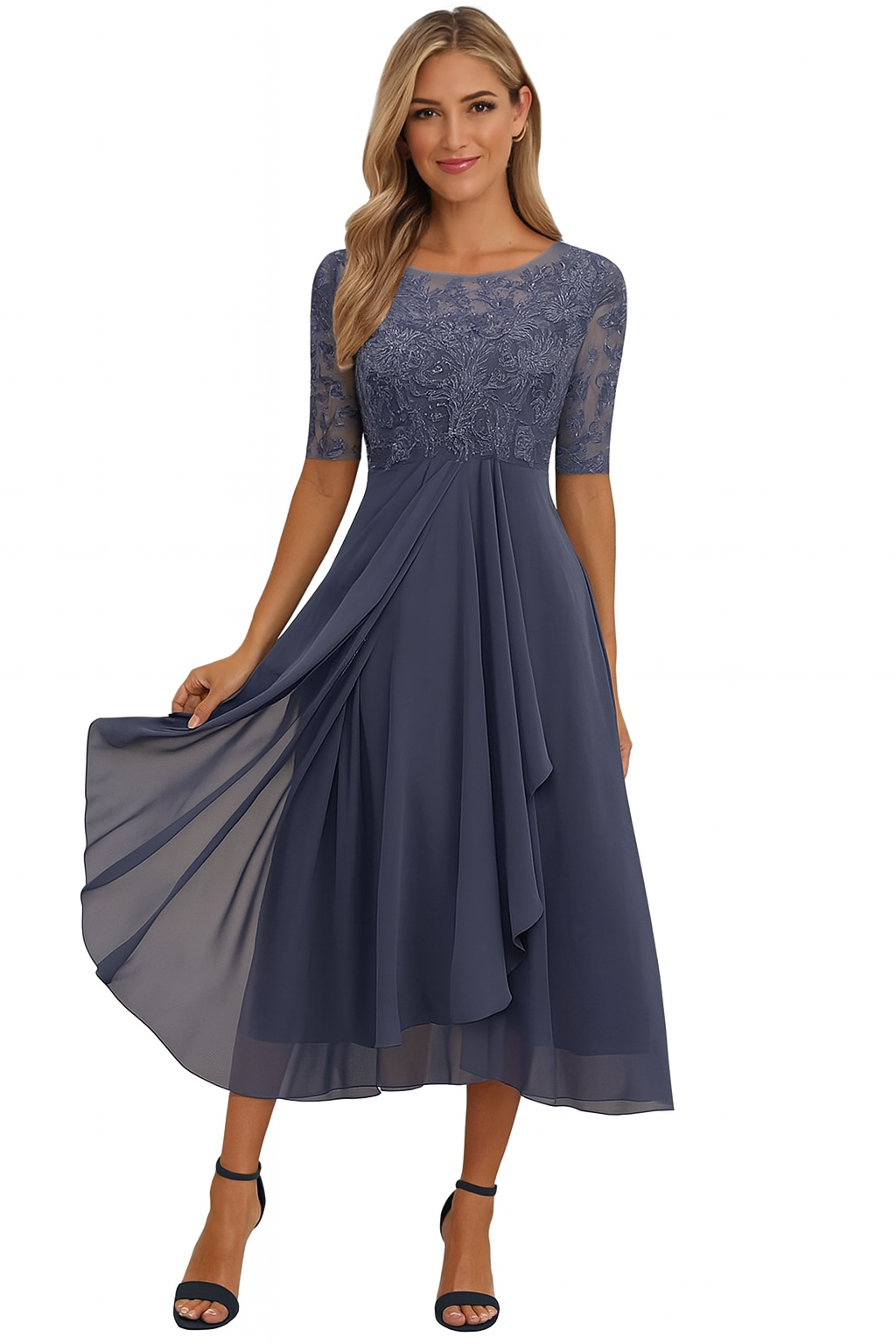 Elara Damen Midi Kleid | Leichter Chiffon mit Spitzenapplikationen für Hochzeitsgäste und Abendveranstaltungen 4