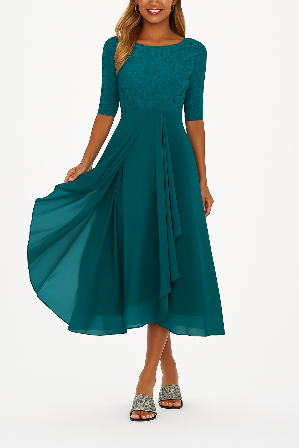 Elara Damen Midi Kleid | Leichter Chiffon mit Spitzenapplikationen für Hochzeitsgäste und Abendveranstaltungen 5