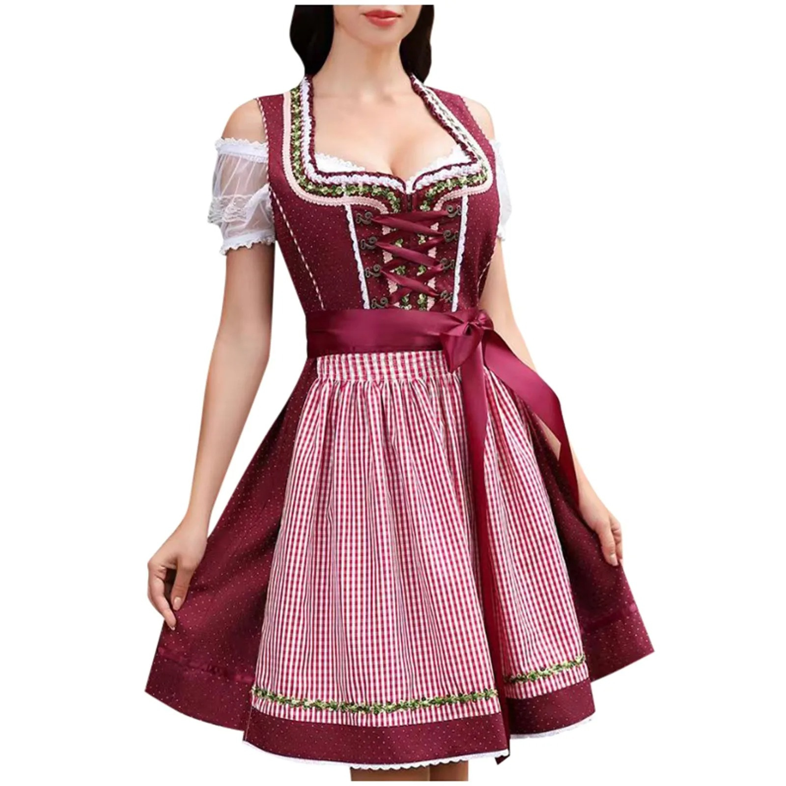 Mira Damen Dirndl Schwarz | Traditionelles Kleid mit Spitzenoberteil und Kariertem Schürze 0