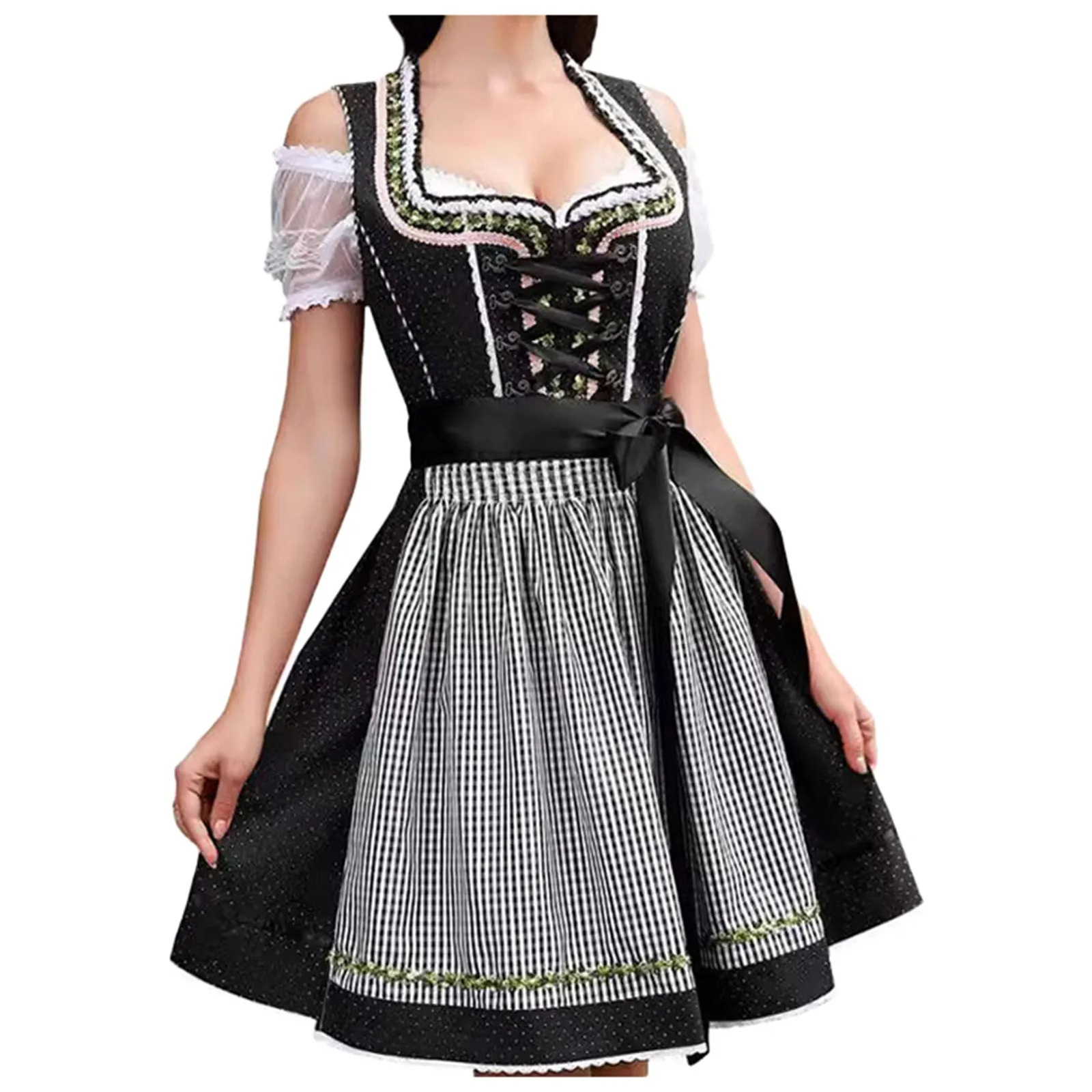 Mira Damen Dirndl Schwarz | Traditionelles Kleid mit Spitzenoberteil und Kariertem Schürze 2
