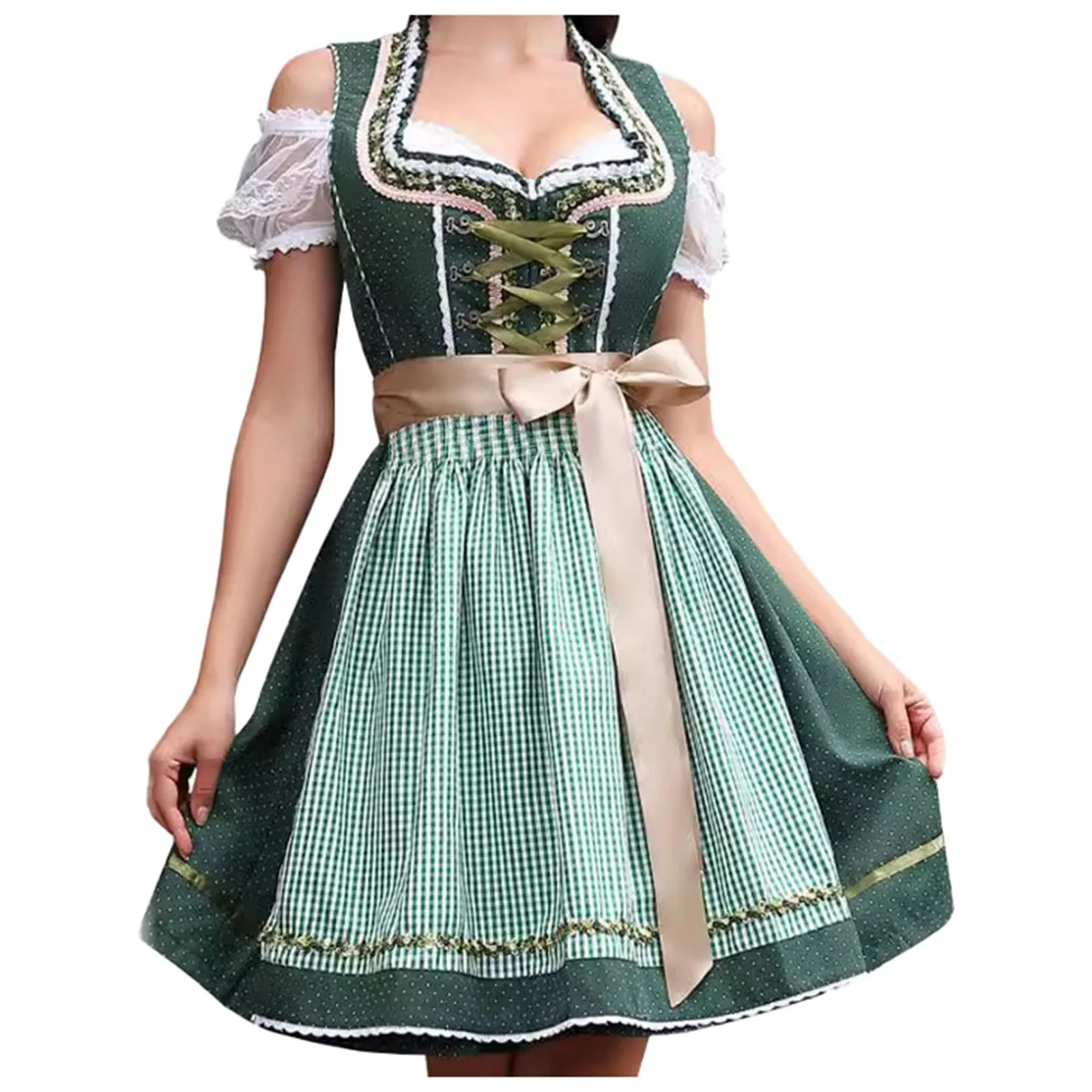 Mira Damen Dirndl Schwarz | Traditionelles Kleid mit Spitzenoberteil und Kariertem Schürze 3