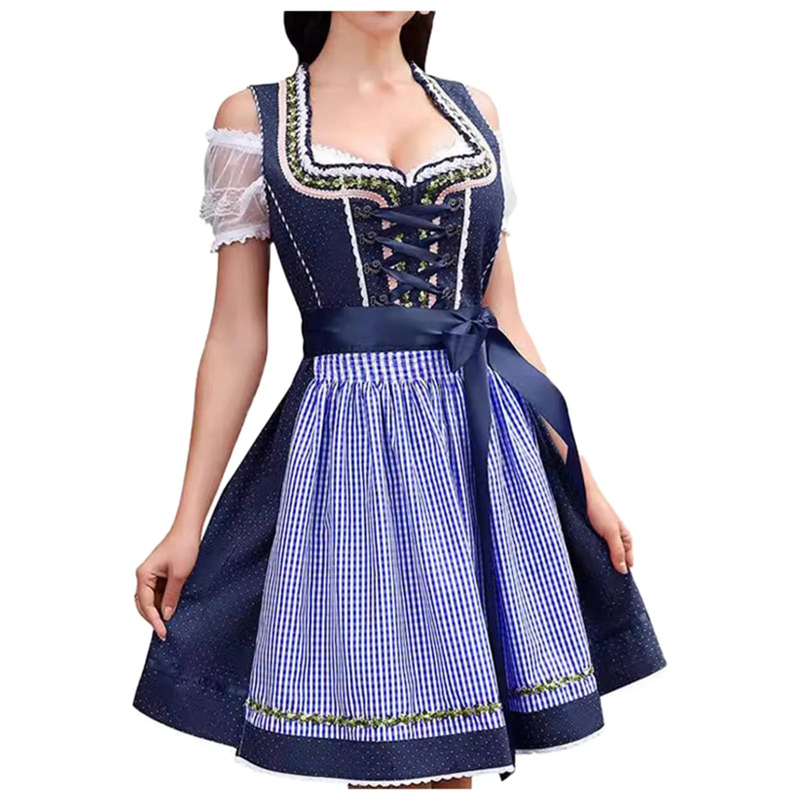Mira Damen Dirndl Schwarz | Traditionelles Kleid mit Spitzenoberteil und Kariertem Schürze 4
