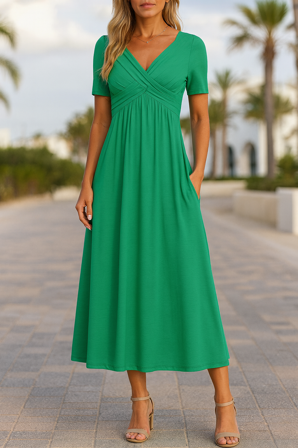 Ayla Damen Midi Kleid | Weiche A-Linie mit V-Ausschnitt, Ideal für Hochzeitsgäste