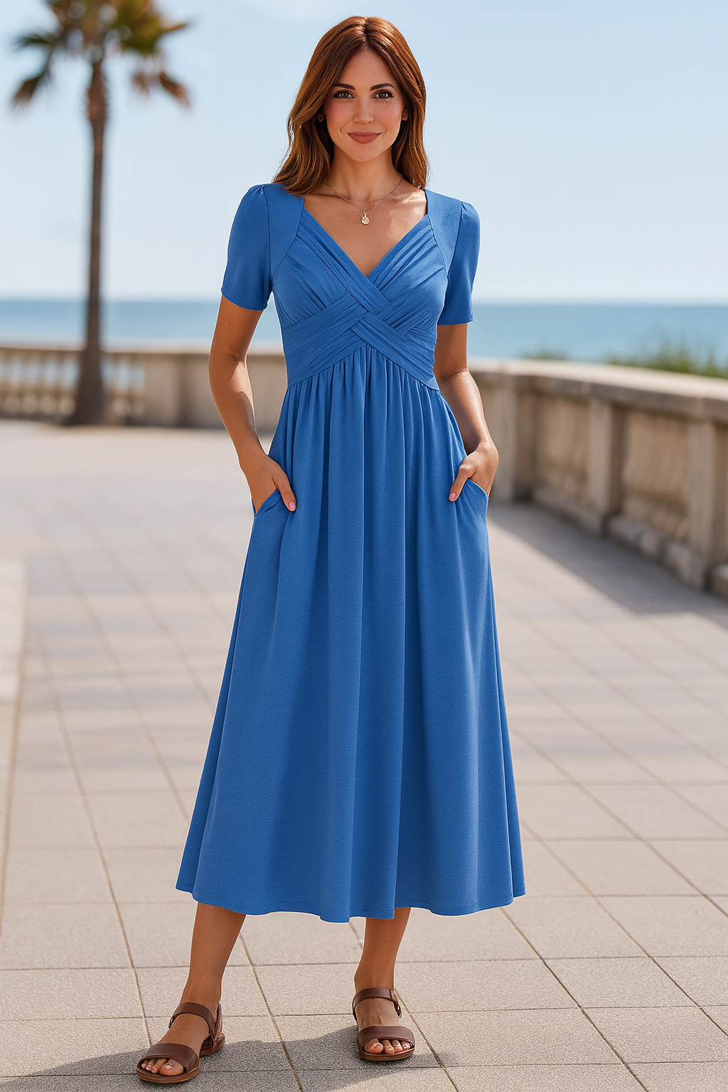 Ayla Damen Midi Kleid | Weiche A-Linie mit V-Ausschnitt, Ideal für Hochzeitsgäste