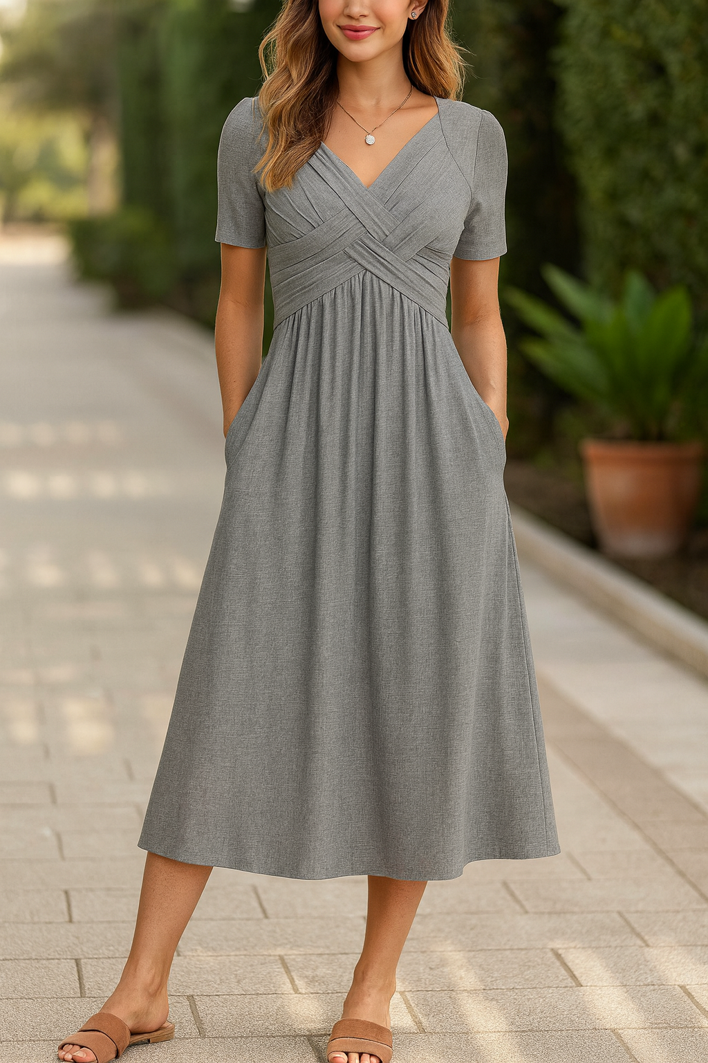 Ayla Damen Midi Kleid | Weiche A-Linie mit V-Ausschnitt, Ideal für Hochzeitsgäste