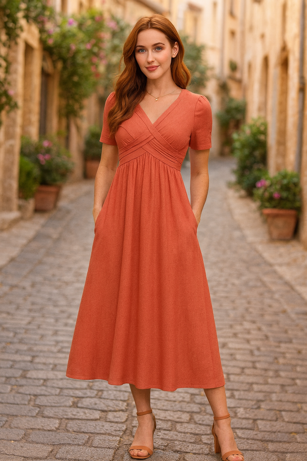 Ayla Damen Midi Kleid | Weiche A-Linie mit V-Ausschnitt, Ideal für Hochzeitsgäste