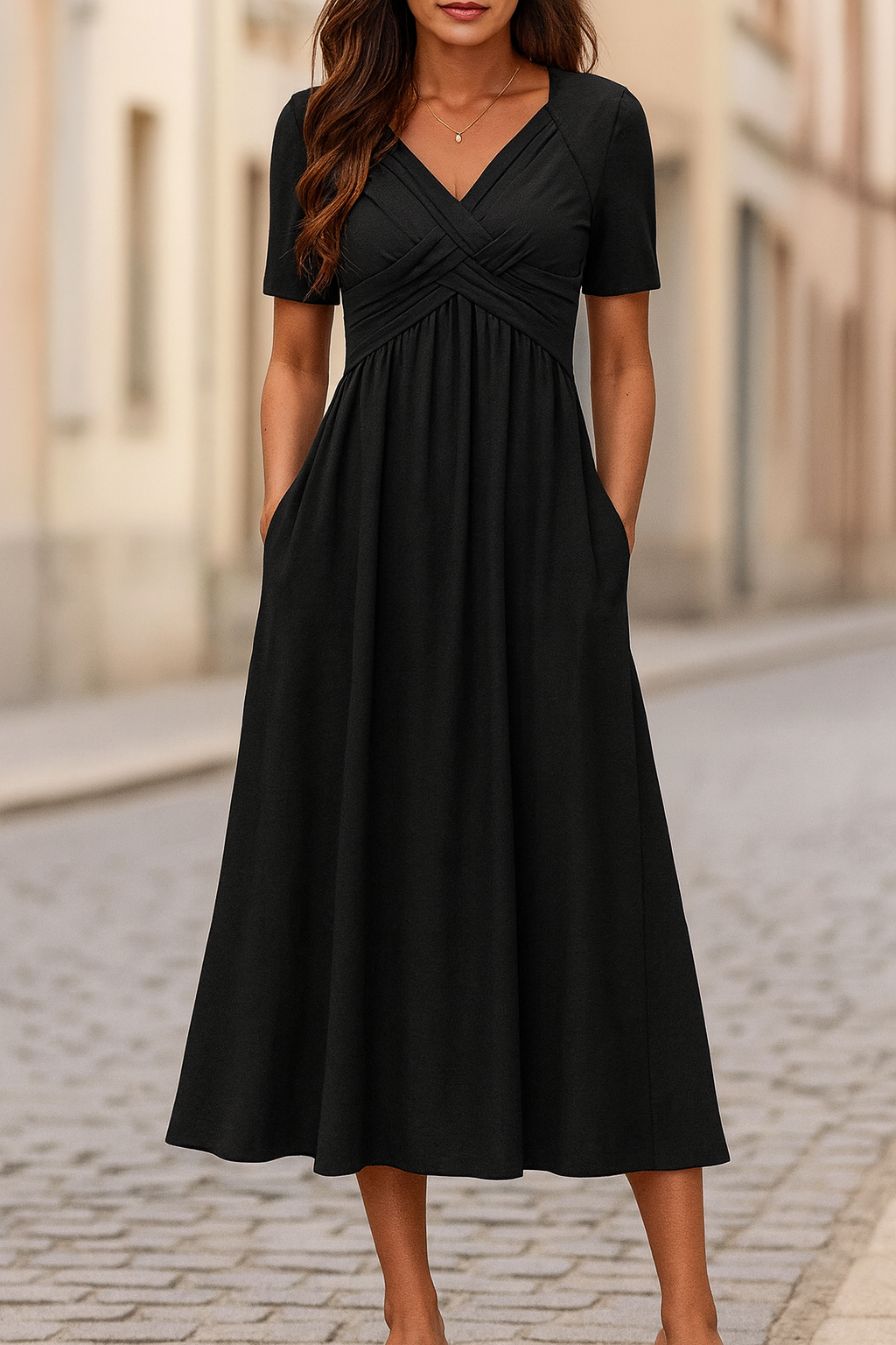 Ayla Damen Midi Kleid | Weiche A-Linie mit V-Ausschnitt, Ideal für Hochzeitsgäste